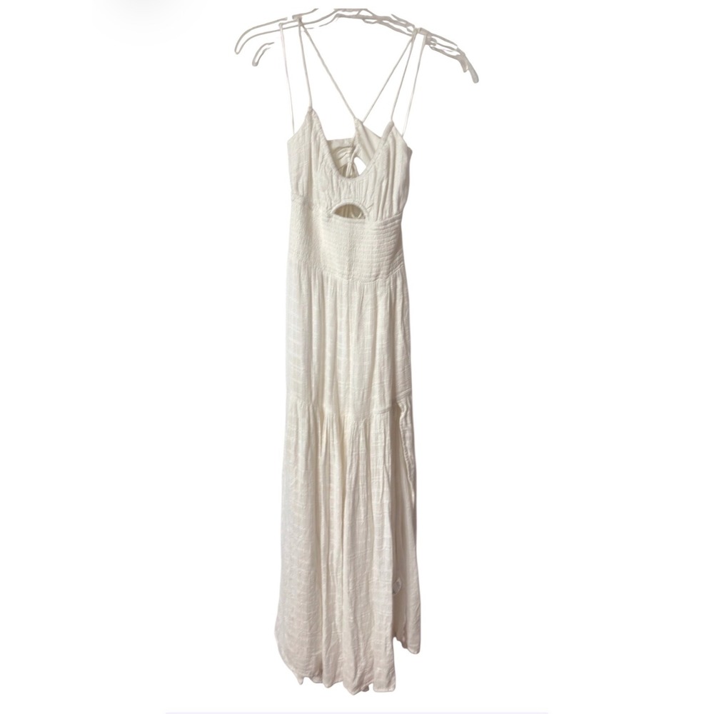 L*Space Womens White Smocked Tiered Maxi Dress Keyhole Cutout Slit Medium - Picture 2 of 10